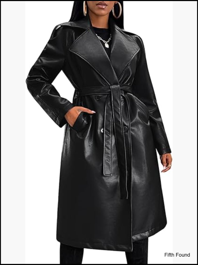 Faux Leather Trench Coat With Belt Long Loose Open Front